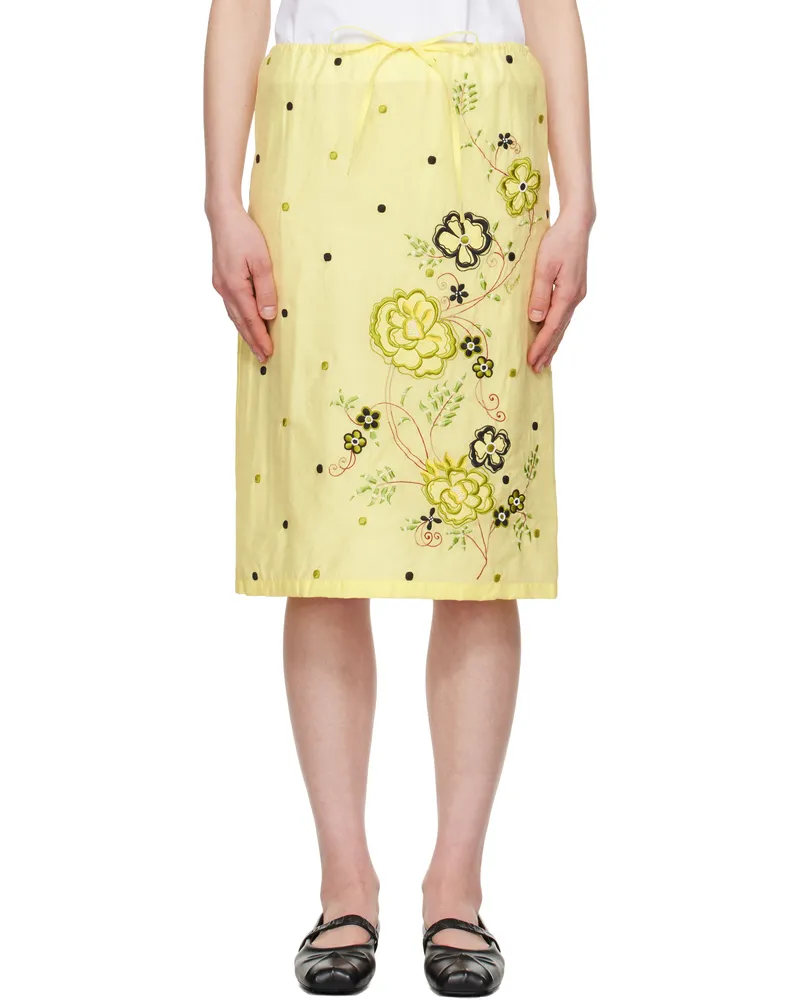 Kenzo Yellow Kenzo Paris 'KENZO Peonies' Embroidered Straight Midi Skirt 38
