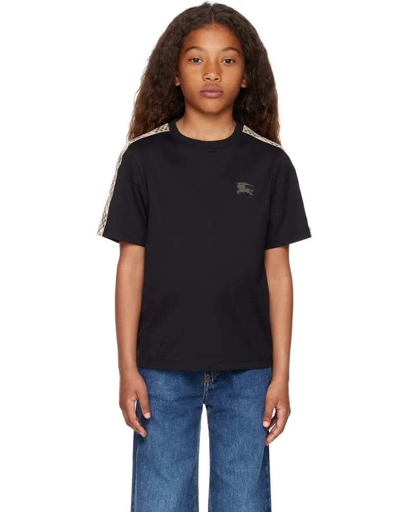 Burberry Kids Black Check Trim Cotton T-shirt Black