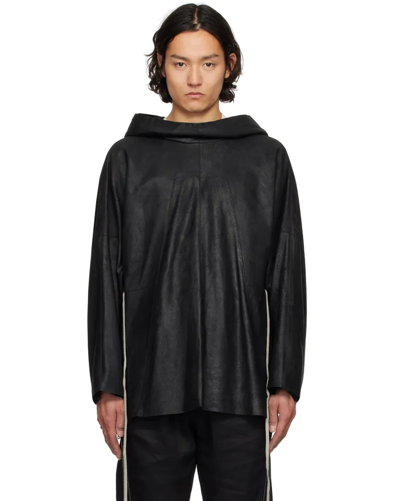 Rick Owens Black Hollywood Hooded Tunic Leather Jacket 09