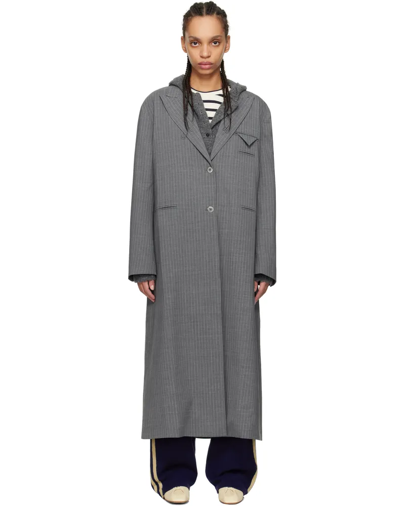 CORDERA Gray Long Wool Pinstripe Coat Pinstripe