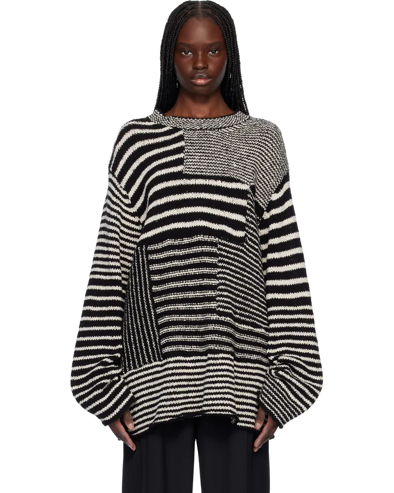Yohji Yamamoto Black & Off-White 3G1P Border Round Neck Knit Sweater 1