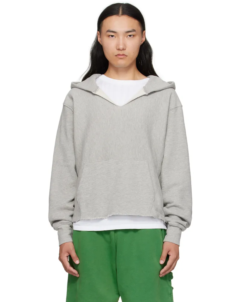 LES TIEN Gray Heavyweight Raw Cropped Hoodie Heather