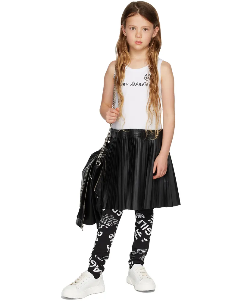 Maison Margiela Kids White & Black Faux-Leather Logo Dress M6c01