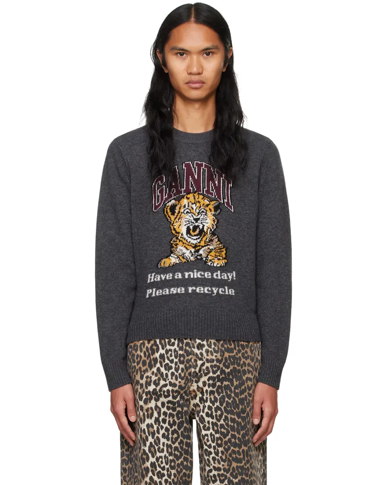 Ganni Gray Graphic Tiger Sweater Gray