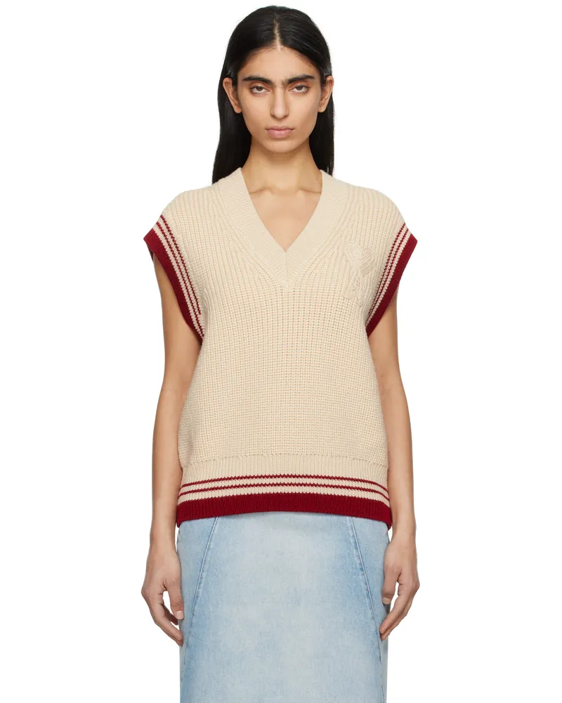 AMI Paris Beige Wool Ribbed Sleeveless V Neck Vest White