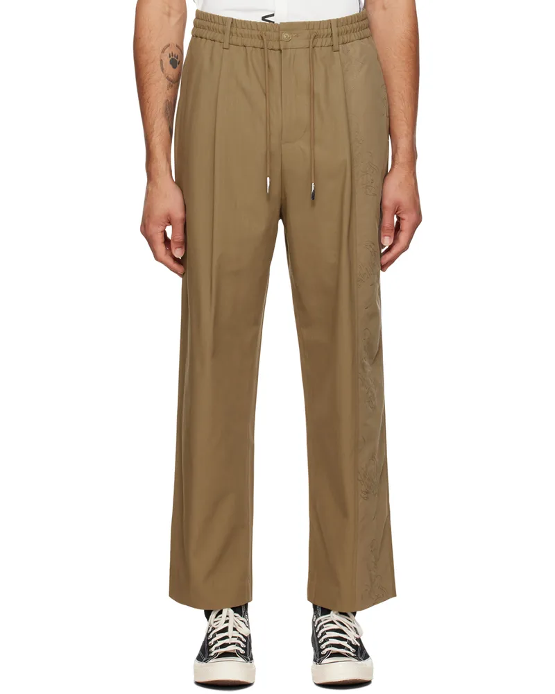 Feng Chen Wang Brown Embroidered Panel Trousers Kahki