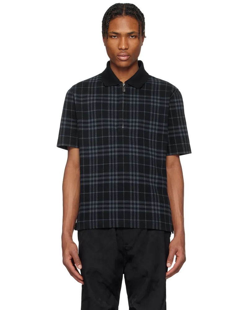 Burberry Navy Check Stretch Cotton Blend Polo Ink