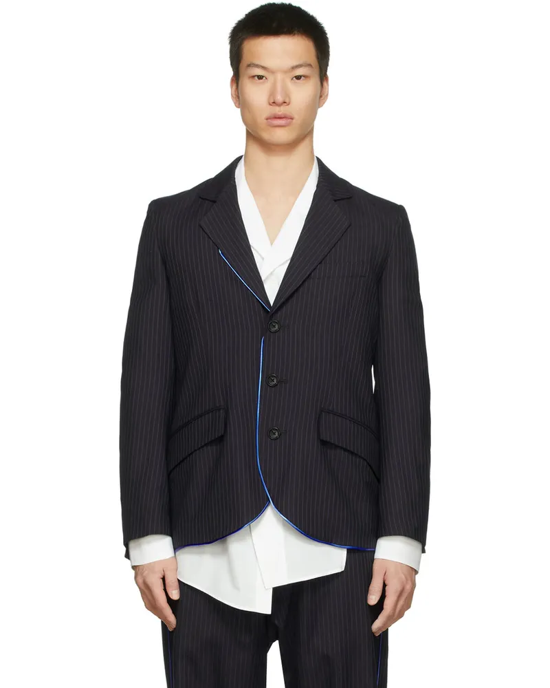Sulvam Black & Blue Round Hem Piping Blazer Black