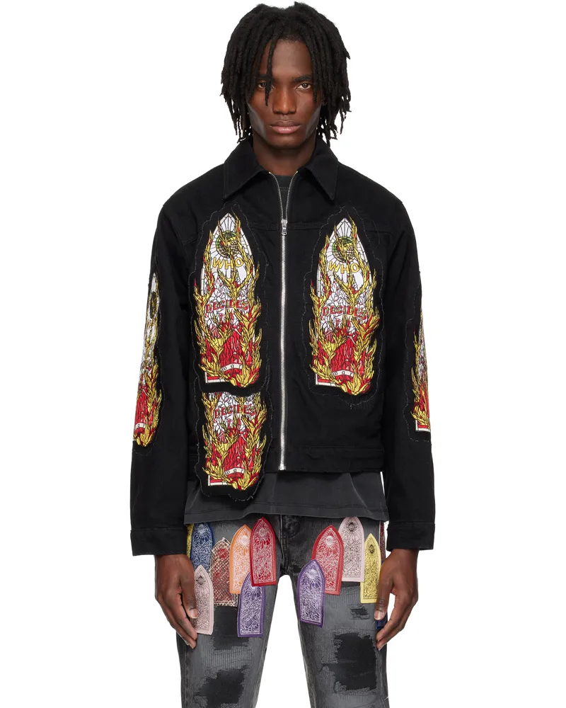 WHO DECIDES WAR Black Flame Glass Trucker Jacket Coal