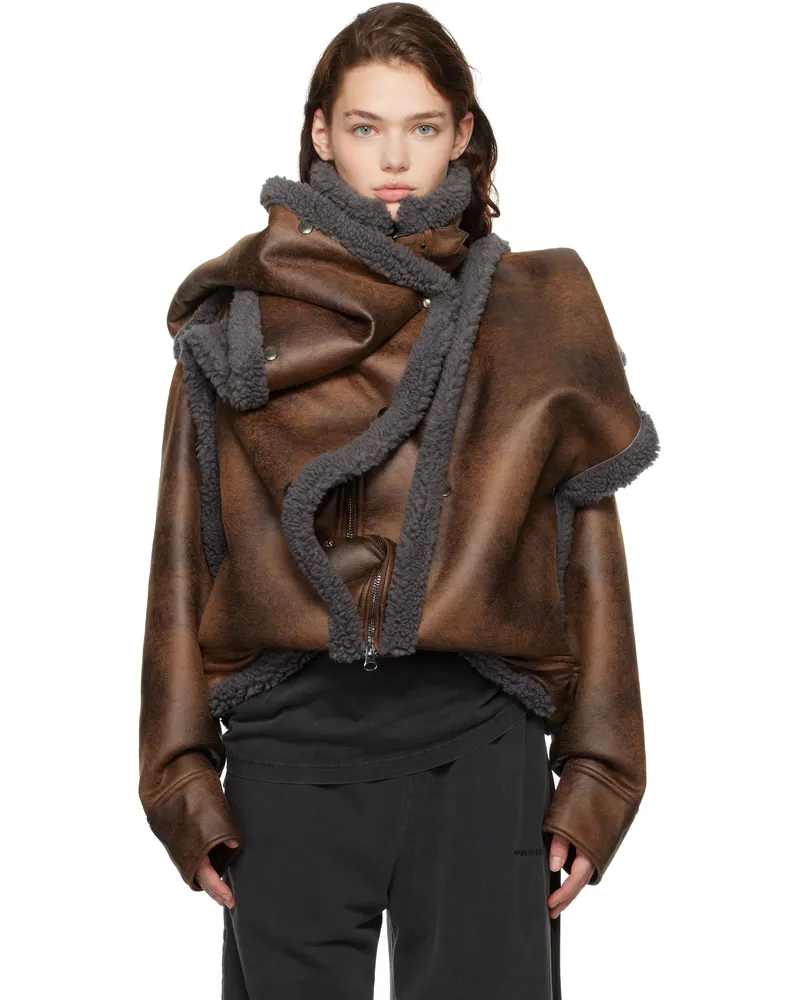 Y/PROJECT Brown Snap Off Panel Hood Aviator Faux-Shearling Jacket Brown