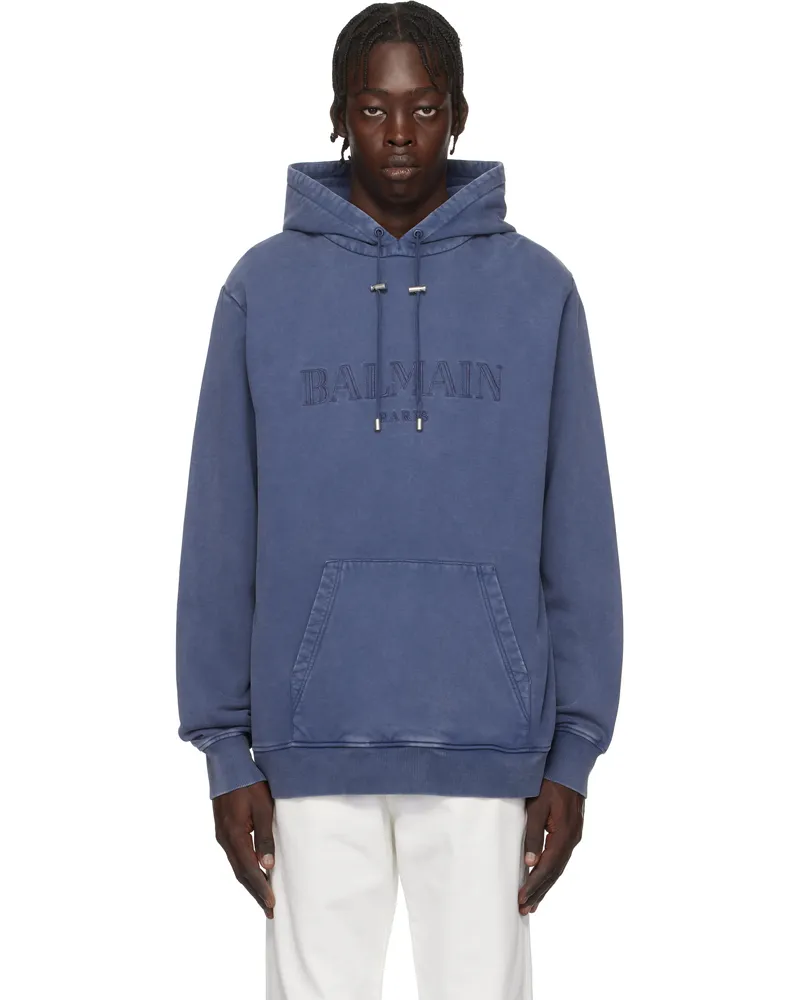 Balmain Navy Vintage 'Balmain' Embroidered Hoodie Sos