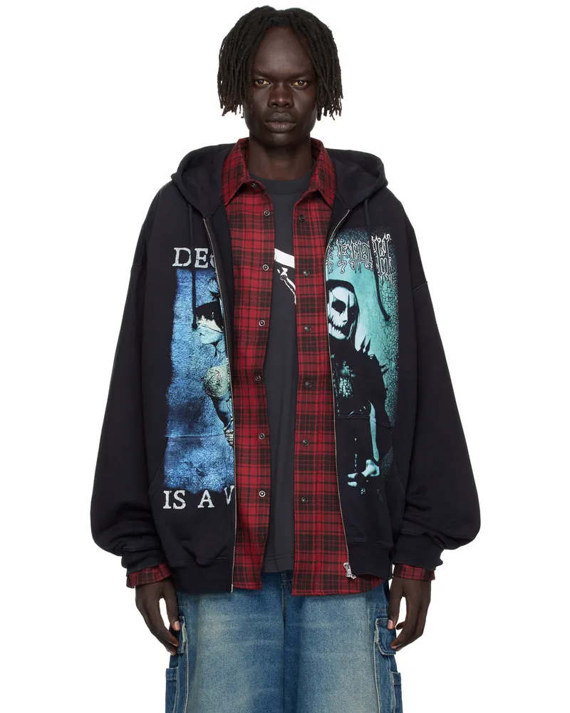 VETEMENTS Black Cradle of Filth Cut-Up Oversized Zip-Up Hoodie Black