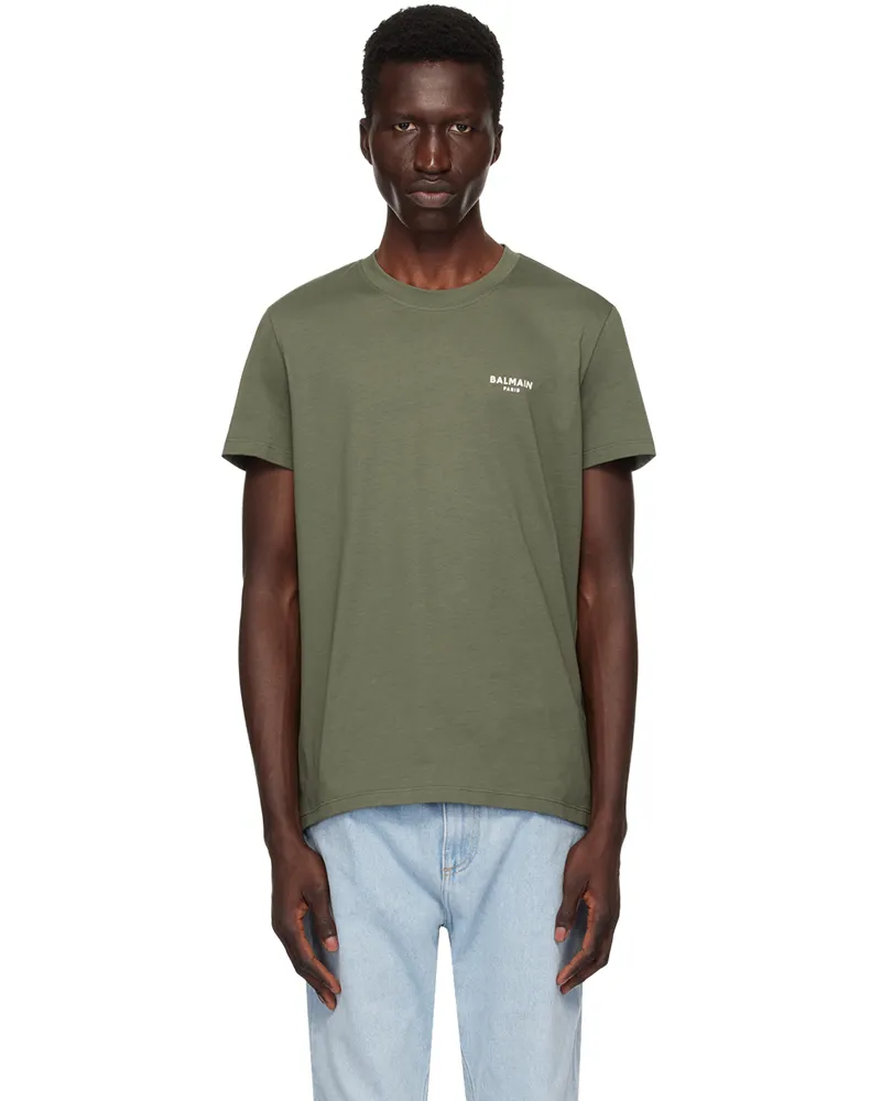 Balmain Khaki 'Balmain Paris' Flocked T-Shirt Ukc