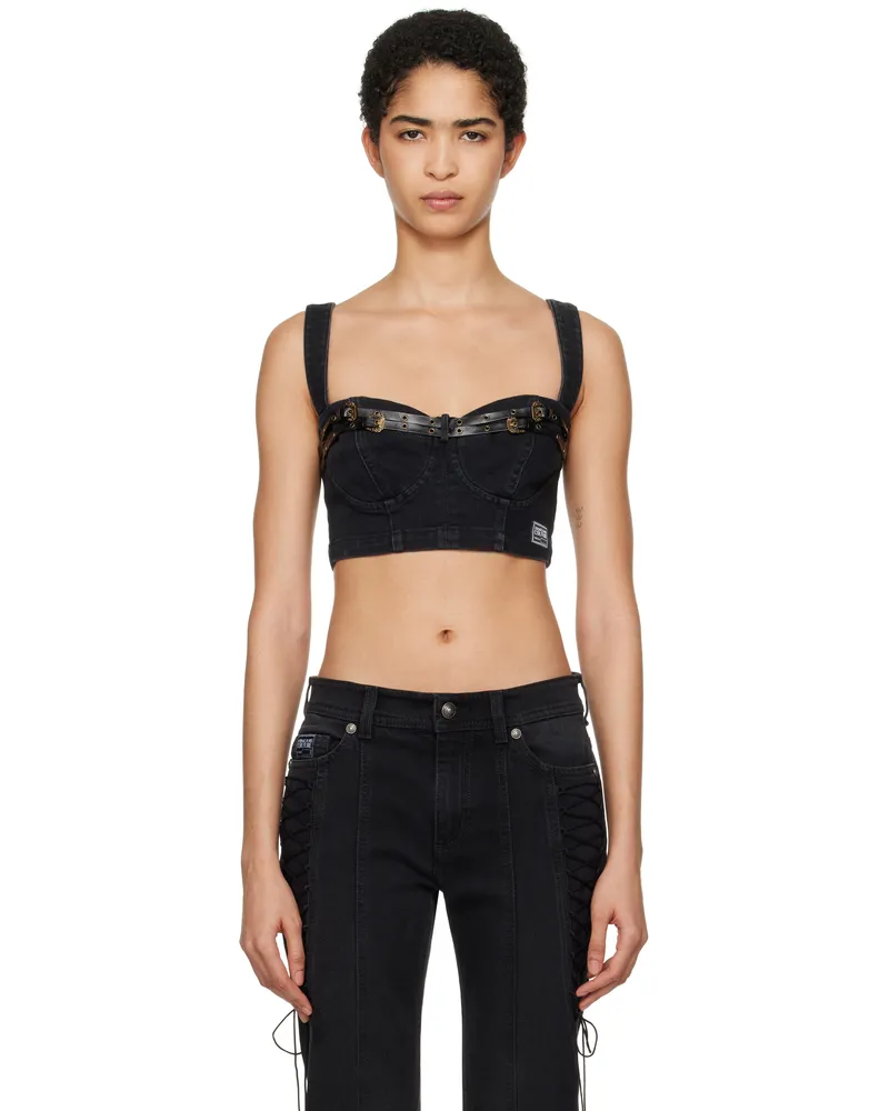 Versace Jeans Black Baroque Buckle Denim Bustier E909