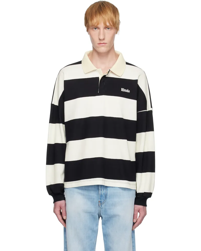 RHUDE Black & White Striped Piqué Polo White