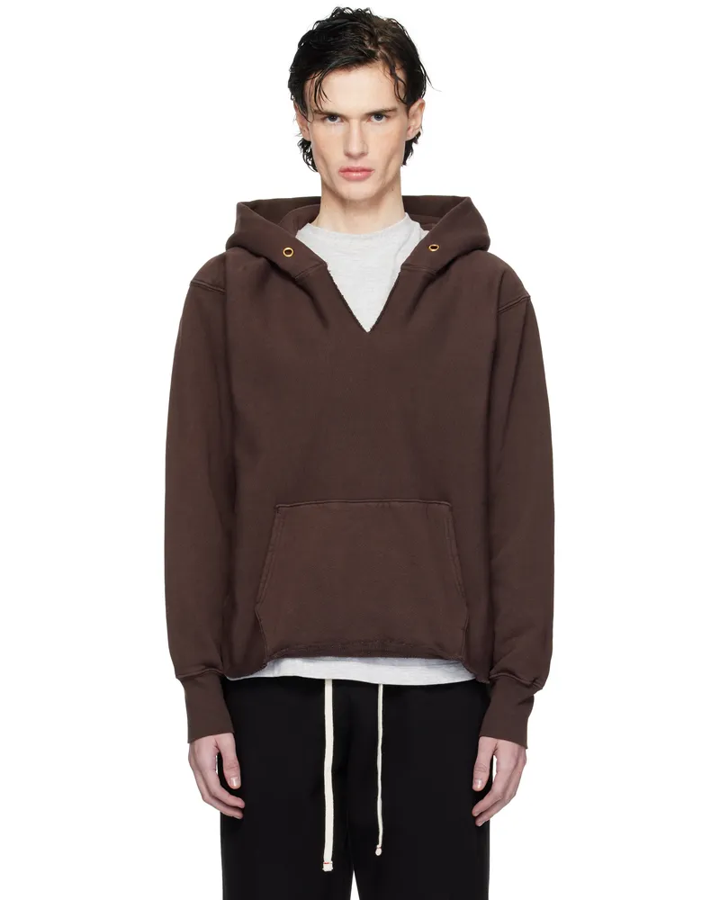 LES TIEN Brown Heavyweight Raw Cropped Hoodie Washed