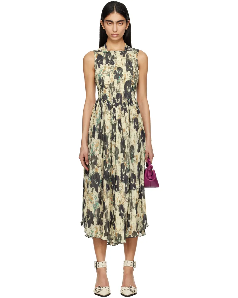 Ganni Beige & Black Printed Pleats Smock Straps Midi Dress 193