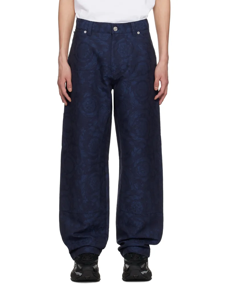 Versace Blue Barocco Jacquard Carpenter Trousers 1ui20-navy