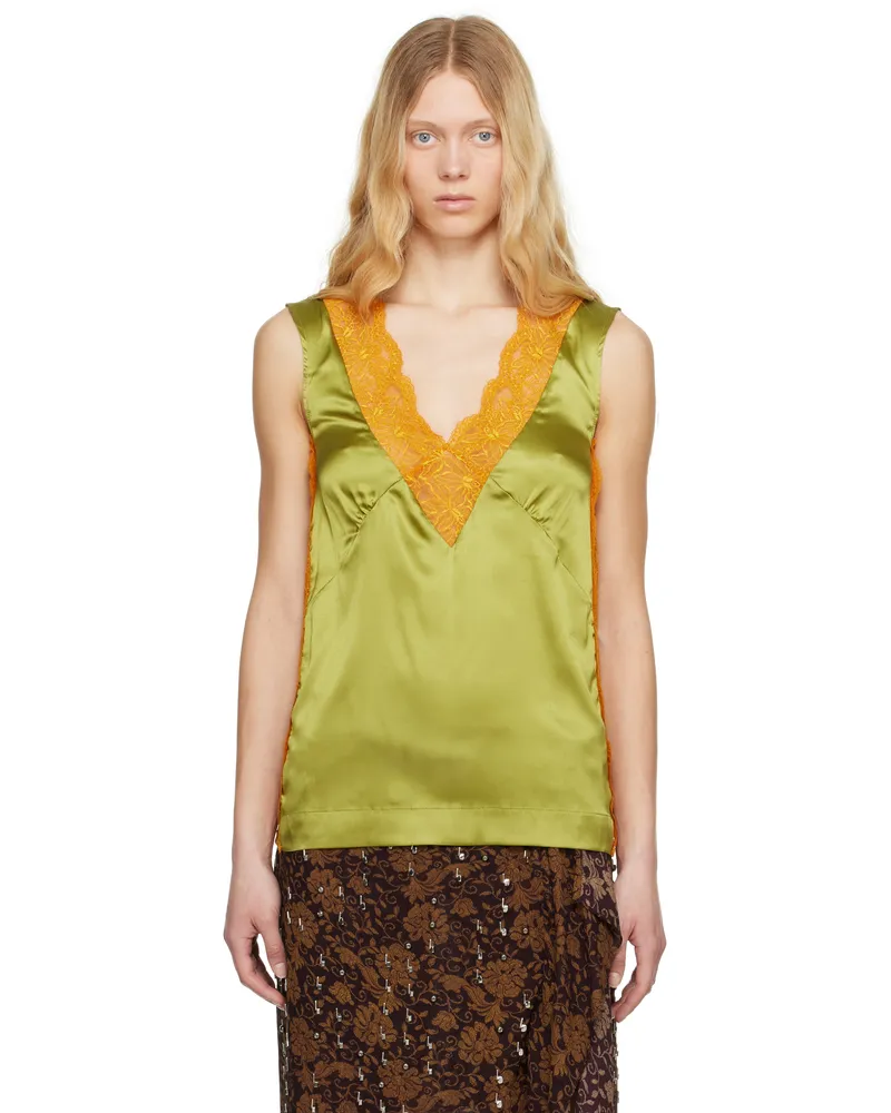 Dries van Noten Khaki & Orange Silk Lace Tank Top 607