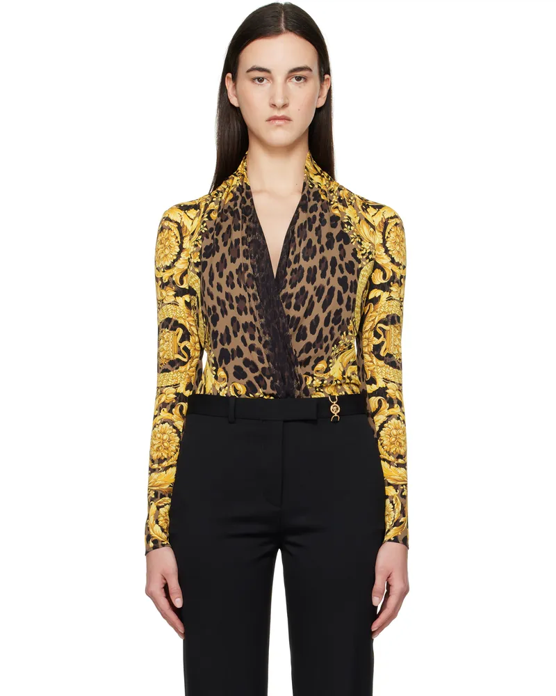 Versace Black & Gold Wild Barocco Silk Draped Bodysuit 5n440-chestnut+gold
