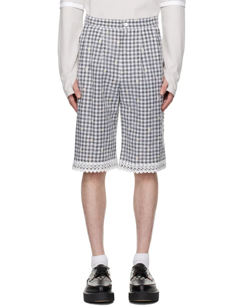 Anna Sui SSENSE Exclusive Black & Gray Daisy Embroidery On Gingham Shorts Black