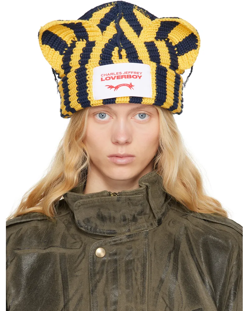 Charles Jeffrey Loverboy Yellow & Navy Chunky Ears Beanie Yellow