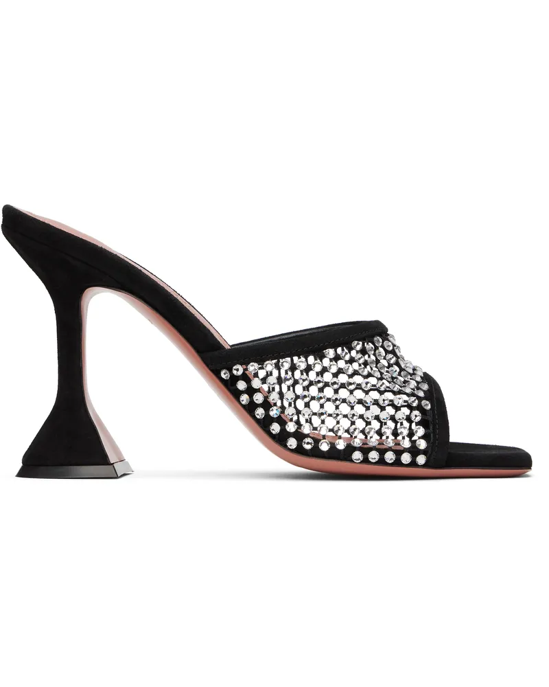 Amina Muaddi Black Lupita Crystal Net Heeled Sandals Suede