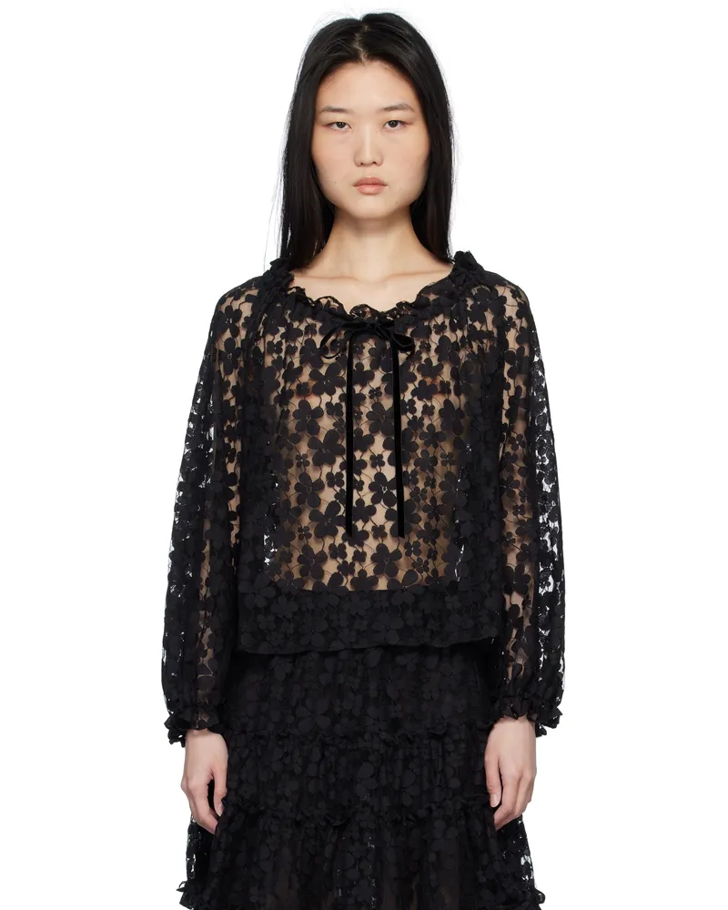 Anna Sui Black Shadow Blossom Elastic Lace Blouse Black