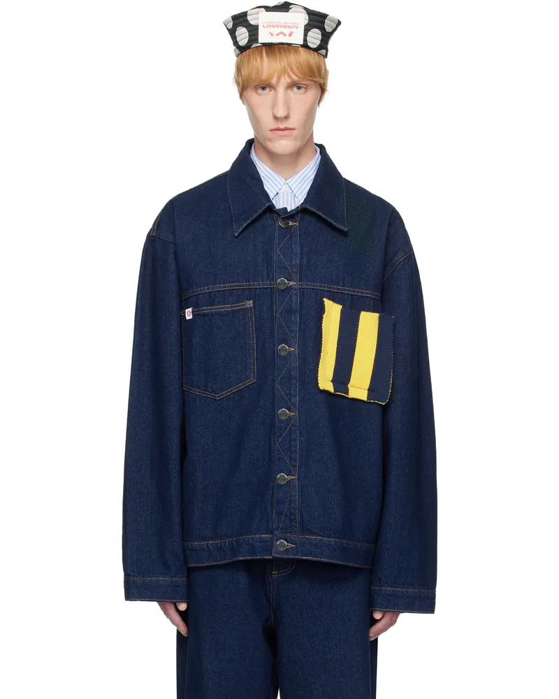 Charles Jeffrey Loverboy Blue Knit Patch Cargo Denim Jacket Indigo