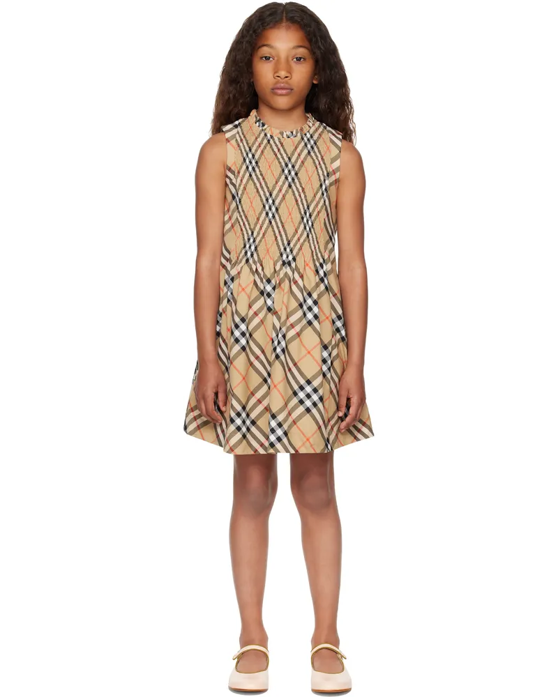 Burberry Kids Beige Check Cotton Poplin Dress Sand