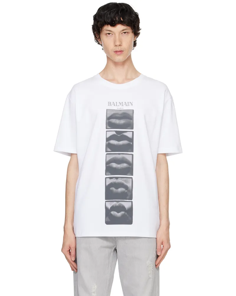 Balmain White Vintage 'Balmain Lips' Print T-shirt Gab