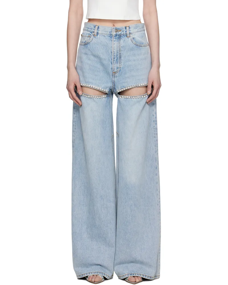 Area Blue Wide Leg Crystal Slit Jeans Blue