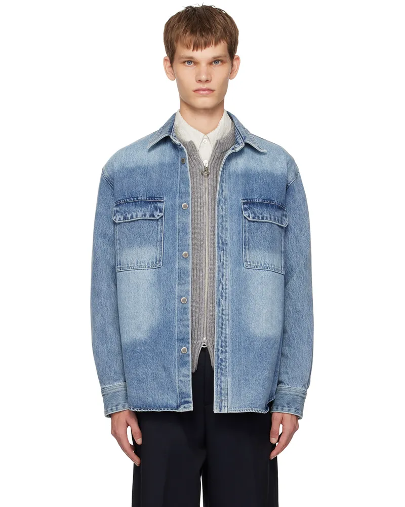 SOLID HOMME Blue Washed Back Logo Denim Shirt 537l