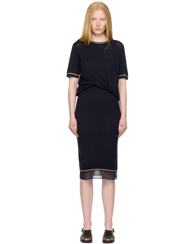 3.1 phillip lim Navy Draped Knit & Organza Midi Dress Navy