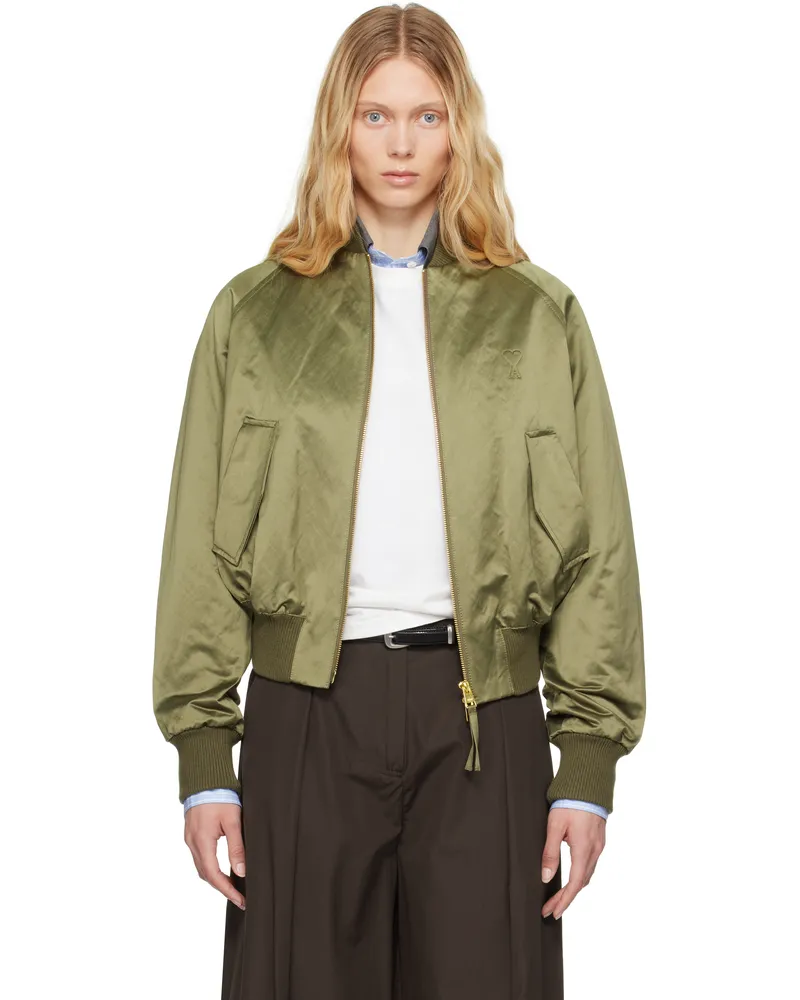 AMI Paris Green Cotton Satin Ami de Coeur Bomber Jacket Loden