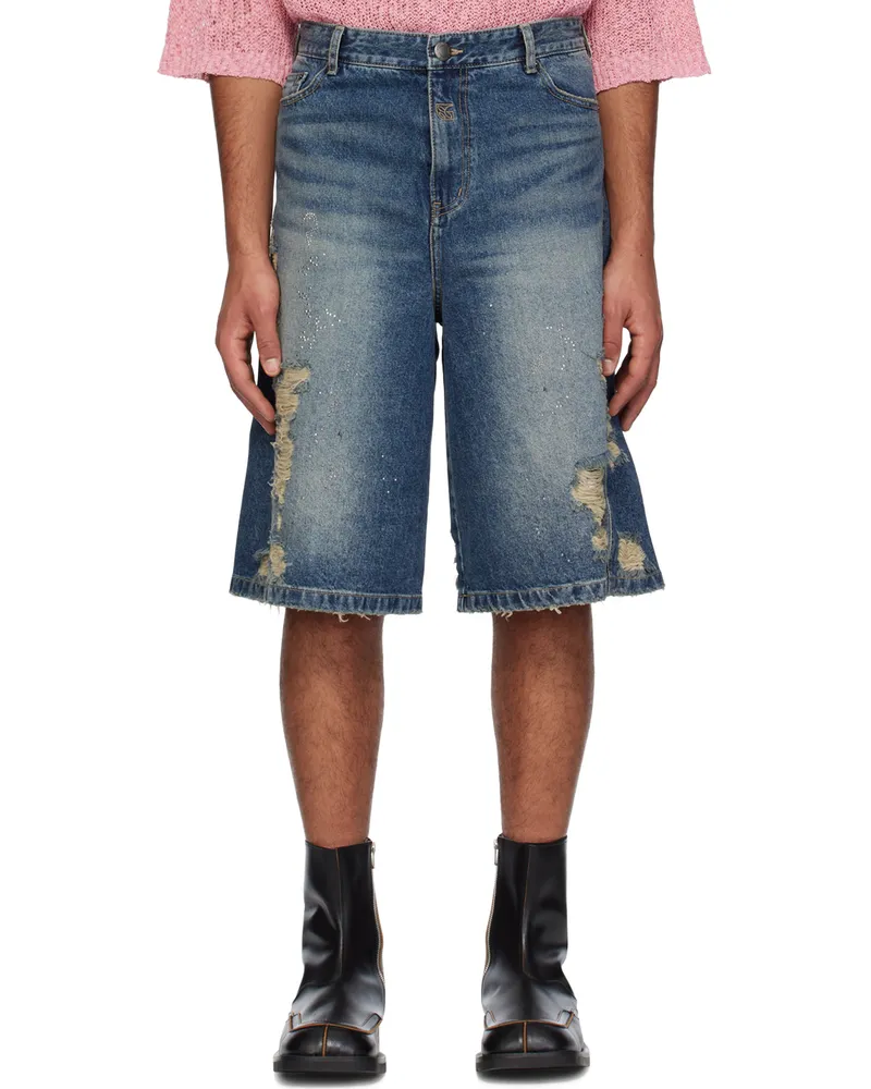 lesugiatelier Blue Crystal-Cut Denim Shorts Blue