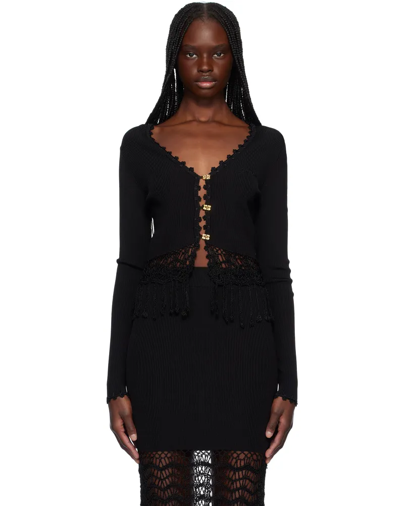 Ganni Black Shiny Viscose Crochet Cardigan 099