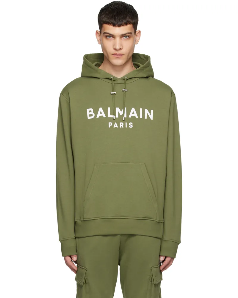 Balmain Khaki Paris Print Hoodie Uio