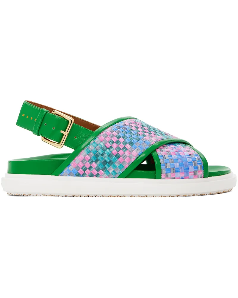 Marni Green Leather Fussbett Raffia-Effect Sandals Zo756