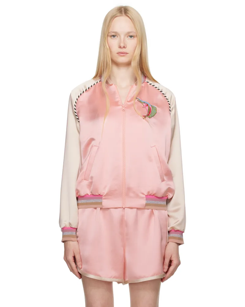 Anna Sui Pink Satin Embroidered Souvenir Bomber Jacket Pastel
