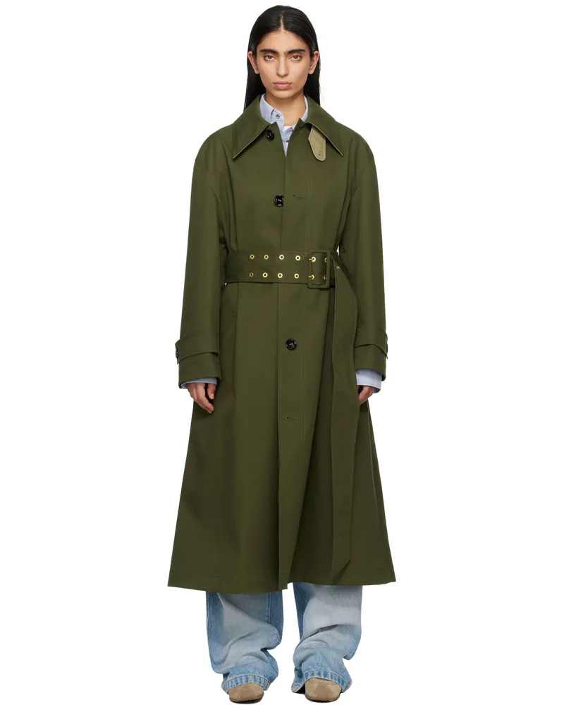 AMI Paris Green Cotton Belted Mac Coat Loden