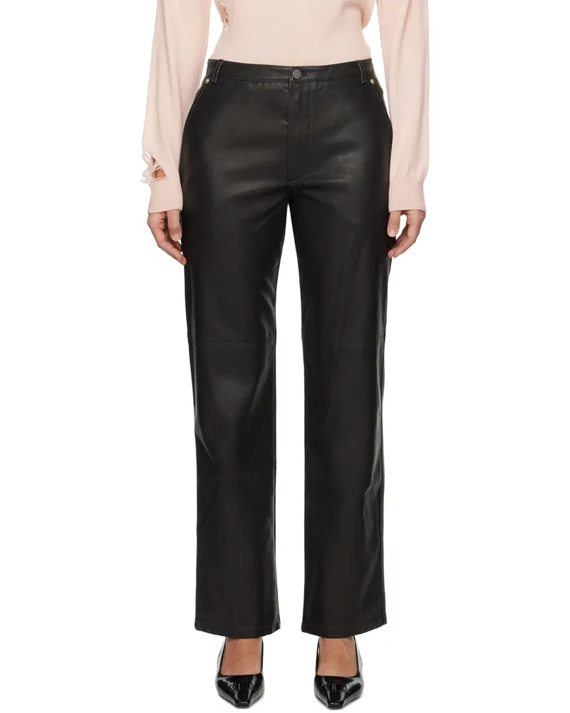 OPEN YY Black Straight Fit Faux-Leather Trousers Black