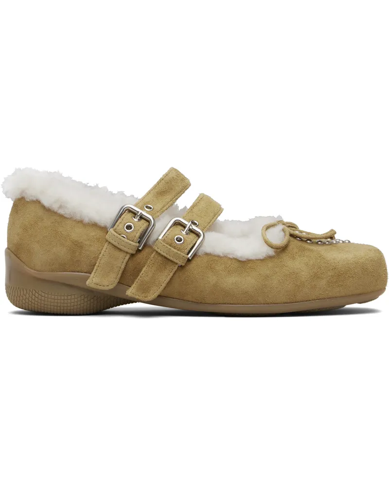 OPEN YY Tan Shearling Heart Stud Ballet Flats Brown