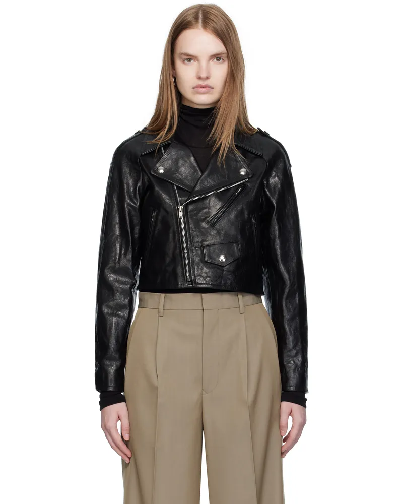 AURALEE Black Cropped Riders Lamb Leather Jacket Black