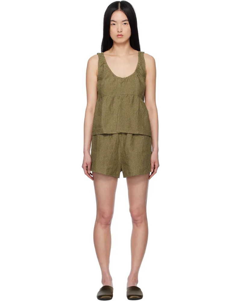 Deiji Studios Green Gathered Linen Pyjama Set Pine