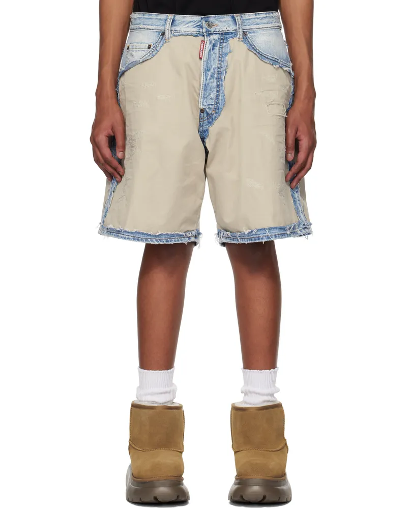 Dsquared2 Beige & Blue Super Ripped Mixed Boxer Denim Shorts 470
