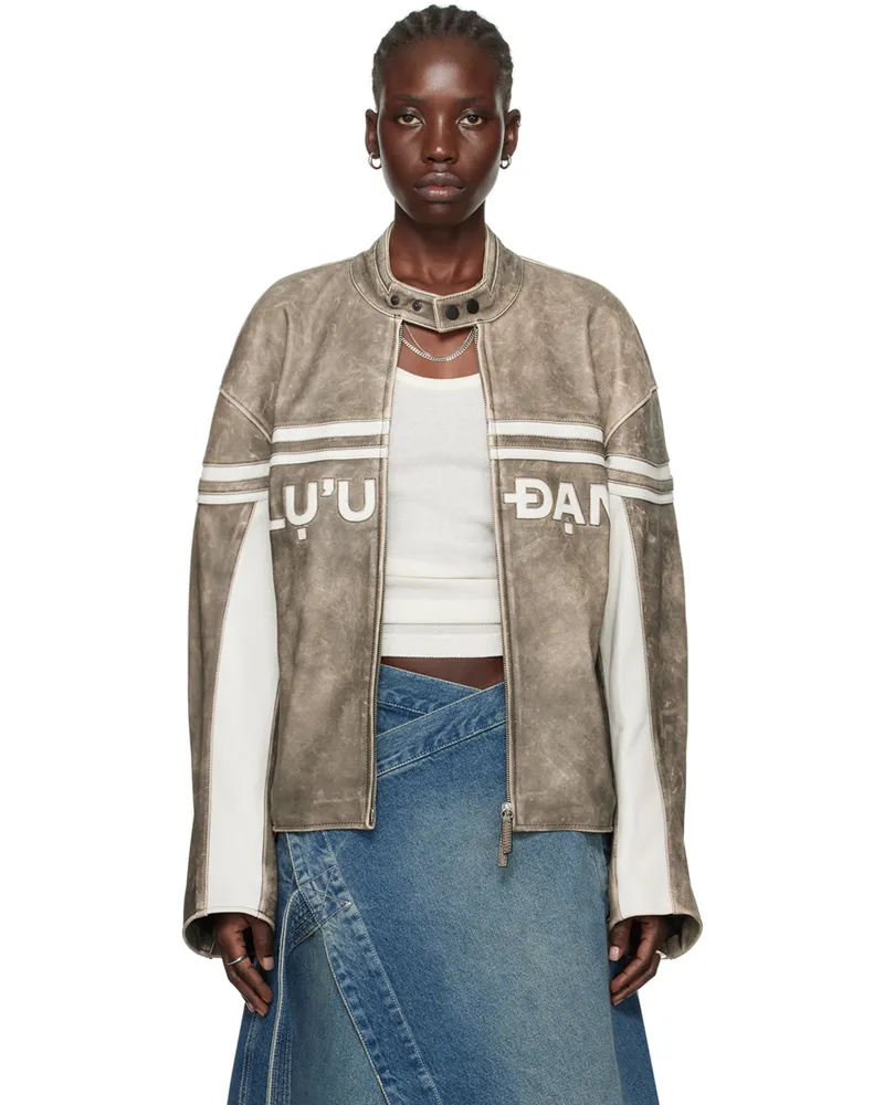 LU'U DAN Gray Moto L-D Leather Biker Jacket Distressed