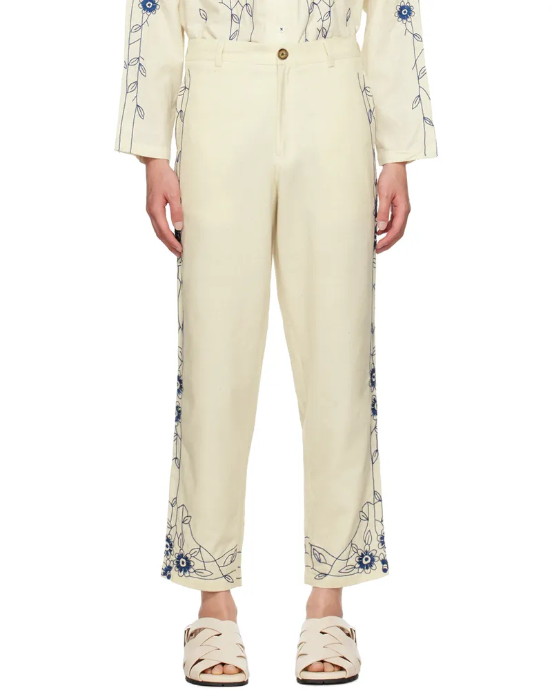 HARAGO Off-White Embroidered Trousers Off