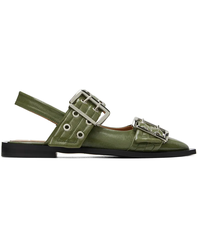 Ganni Khaki Feminine Buckle Ballerina Flats 861