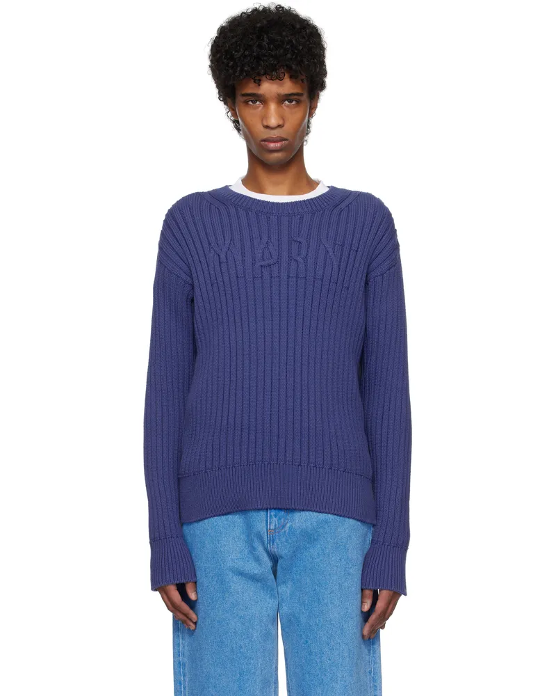 Marni Blue Cable Logo Crewneck Sweater 00bblue